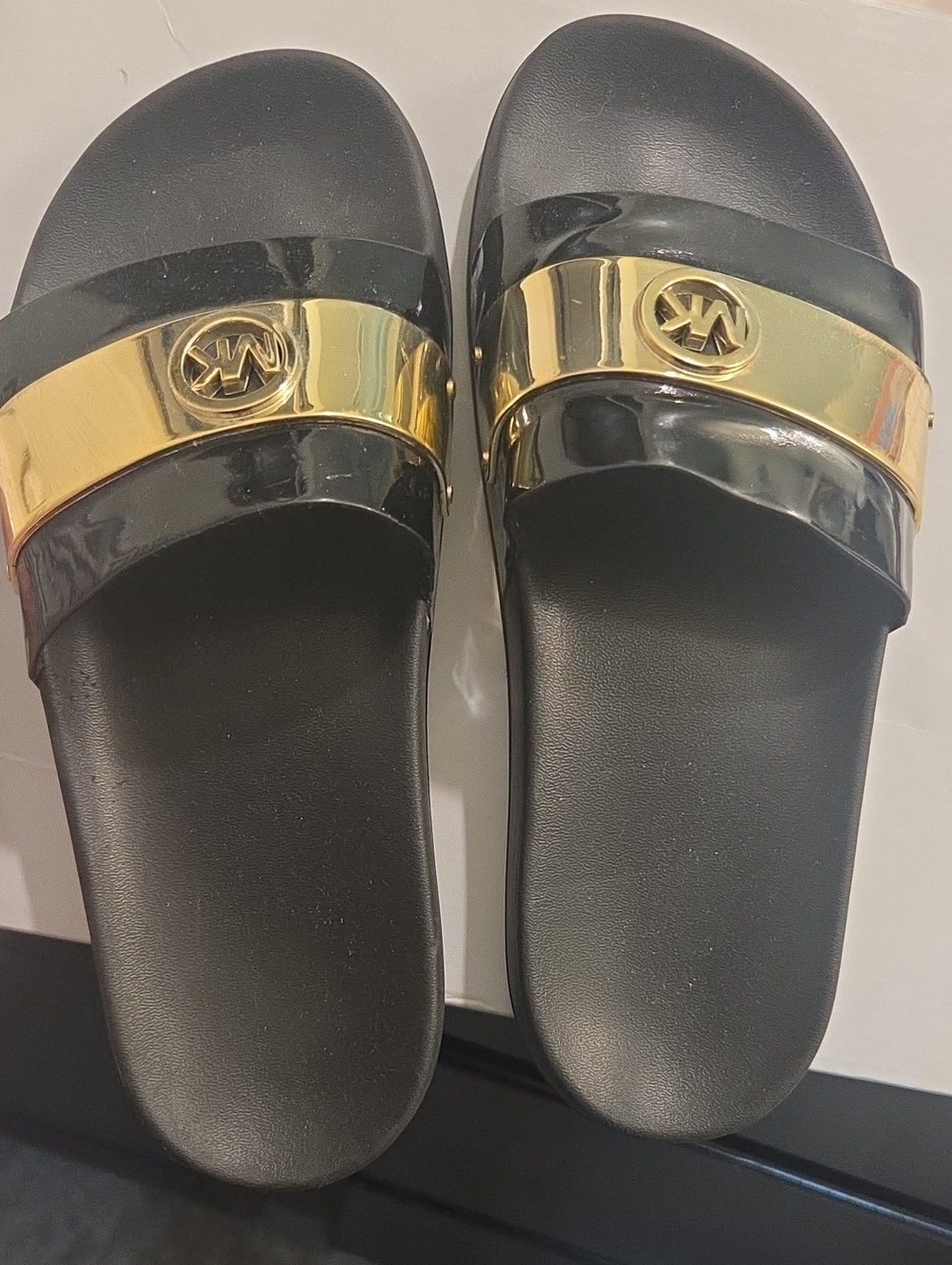Michael Kors Black Slide Sandals with Gold Logo Band